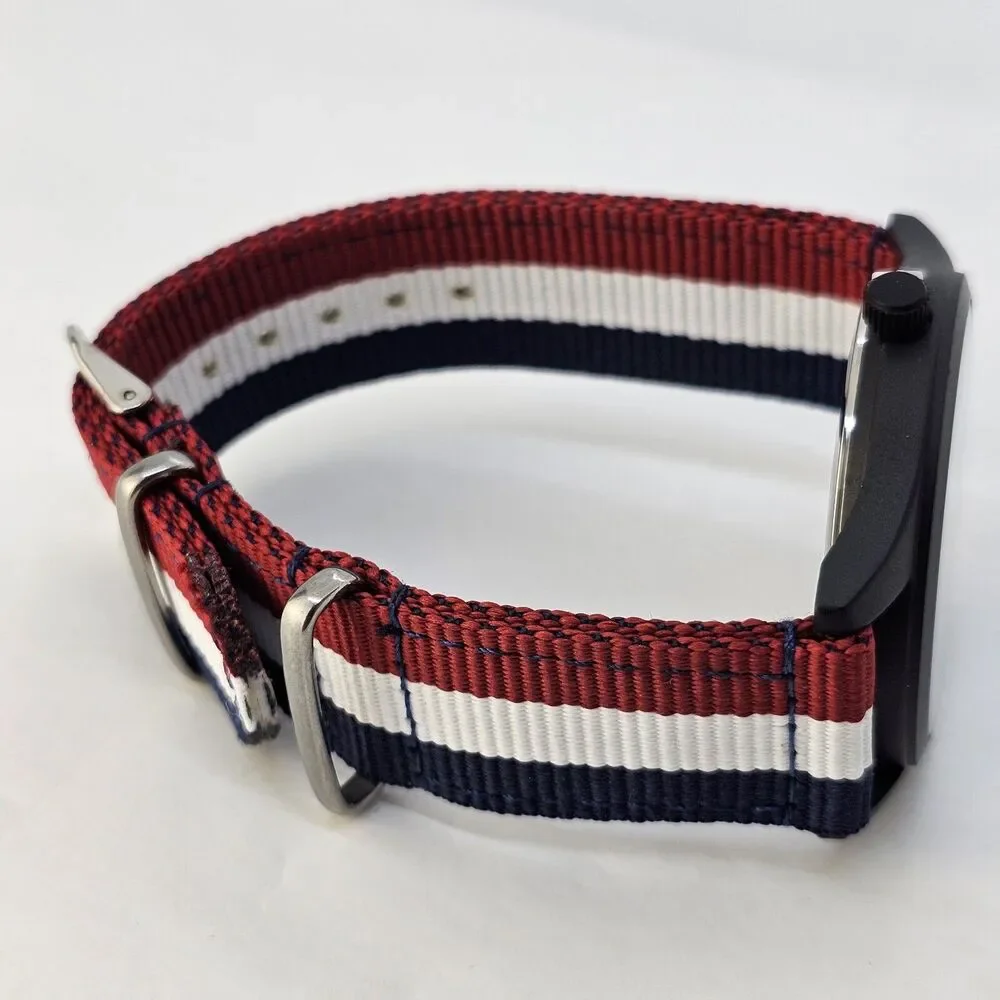 Men's 42MM Field Watch‎ Black Dial Blue White Red Canvas Band Straps New Battery